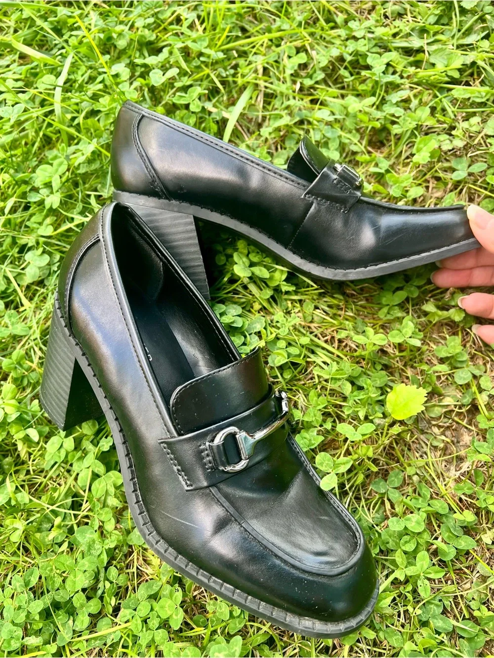 Marc Fisher Black Horsebit Heeled Chunky Block Loafers Preppy Casual Career 7M